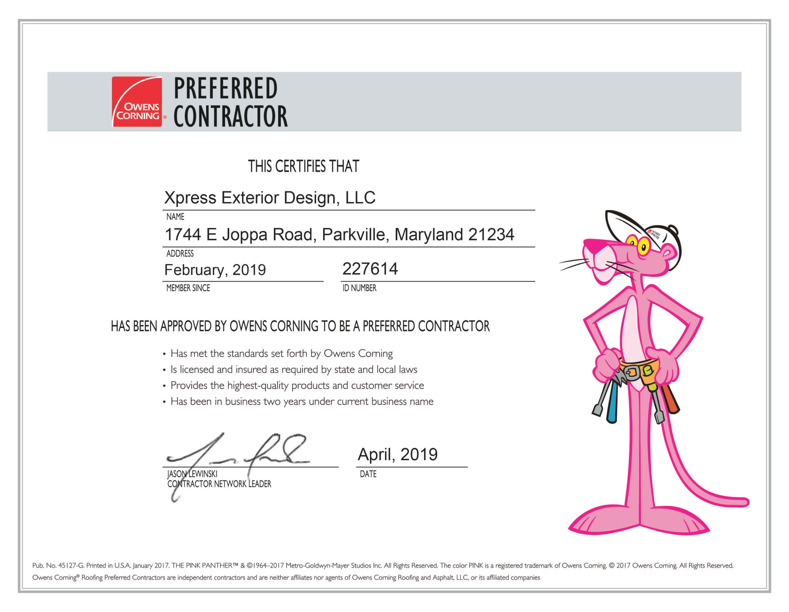 Xpress Owens Corning Preferred Certificate scaled